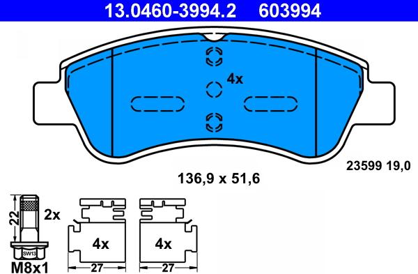 ATE 13.0460-3994.2 - Σετ τακάκια, δισκόφρενα parts5.com