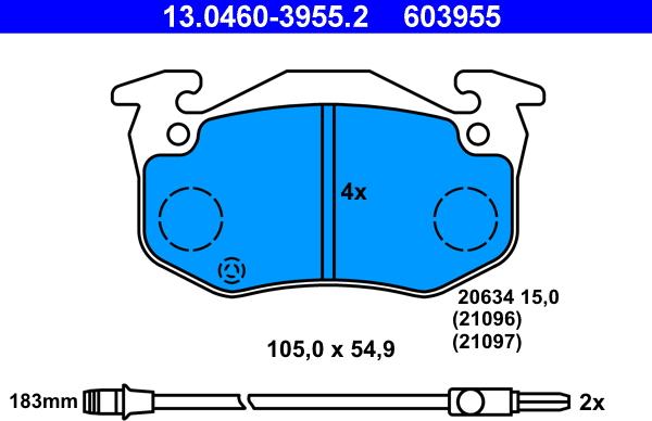 ATE 13.0460-3955.2 - Komplet zavornih oblog, ploscne (kolutne) zavore parts5.com