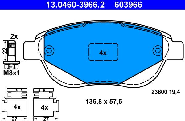 ATE 13.0460-3966.2 - Set placute frana,frana disc parts5.com