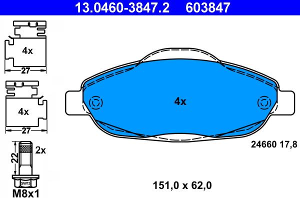 ATE 13.0460-3847.2 - Komplet zavornih oblog, ploscne (kolutne) zavore parts5.com