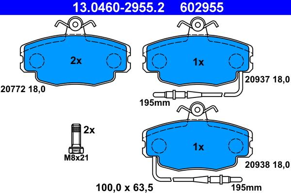 ATE 13.0460-2955.2 - Komplet pločica, disk-kočnica parts5.com