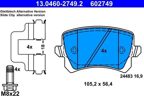 ATE 13.0460-2749.2 - Komplet zavornih oblog, ploscne (kolutne) zavore parts5.com