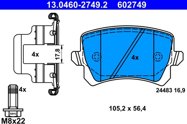 ATE 13.0460-2749.2 - Komplet zavornih oblog, ploscne (kolutne) zavore parts5.com