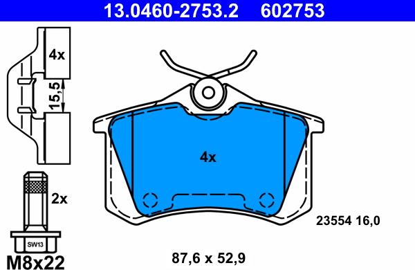 ATE 13.0460-2753.2 - Komplet zavornih oblog, ploscne (kolutne) zavore parts5.com