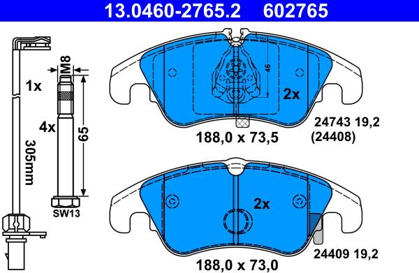 ATE 13.0460-2765.2 - Brake Pad Set, disc brake parts5.com