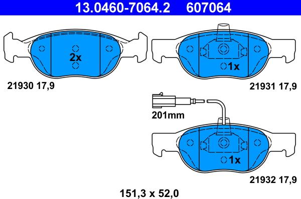 ATE 13.0460-7064.2 - Sada brzdových destiček, kotoučová brzda parts5.com