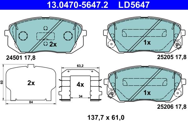 ATE 13.0470-5647.2 - Komplet zavornih oblog, ploscne (kolutne) zavore parts5.com