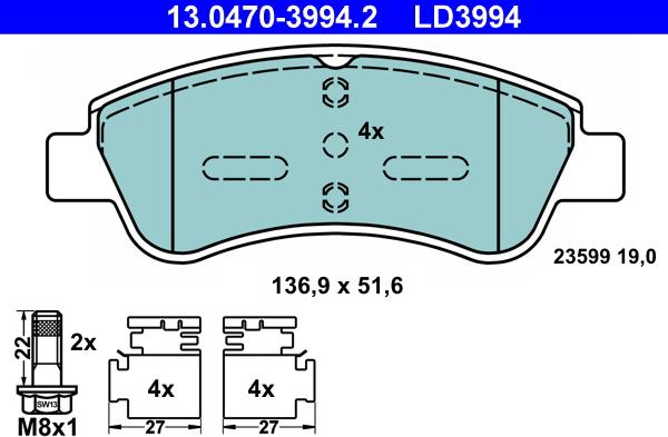 ATE 13.0470-3994.2 - Σετ τακάκια, δισκόφρενα parts5.com