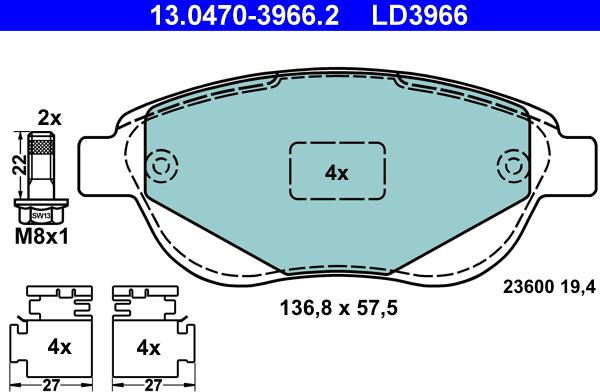 ATE 13.0470-3966.2 - Brake Pad Set, disc brake parts5.com