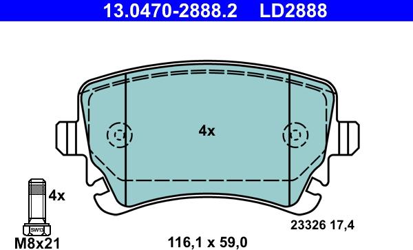 ATE 13.0470-2888.2 - Komplet zavornih oblog, ploscne (kolutne) zavore parts5.com