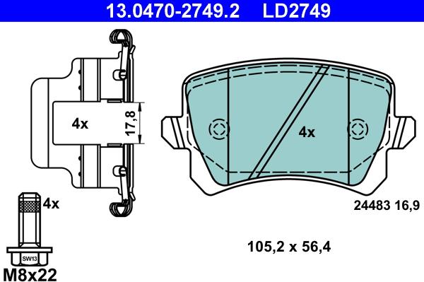 ATE 13.0470-2749.2 - Komplet zavornih oblog, ploscne (kolutne) zavore parts5.com