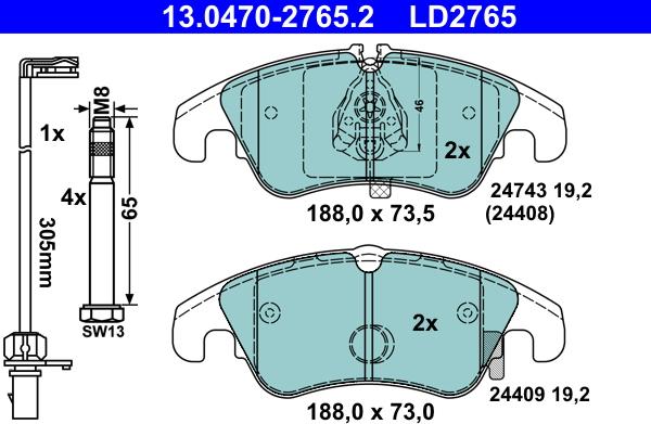 ATE 13.0470-2765.2 - Komplet zavornih oblog, ploscne (kolutne) zavore parts5.com