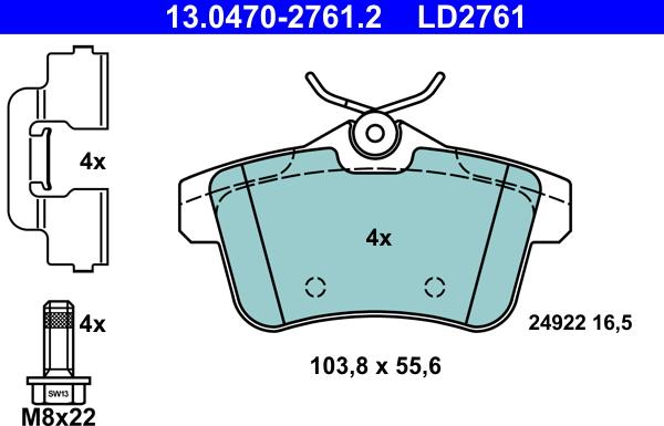 ATE 13.0470-2761.2 - Komplet zavornih oblog, ploscne (kolutne) zavore parts5.com