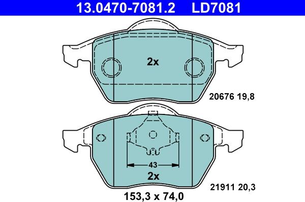 ATE 13.0470-7081.2 - Σετ τακάκια, δισκόφρενα parts5.com