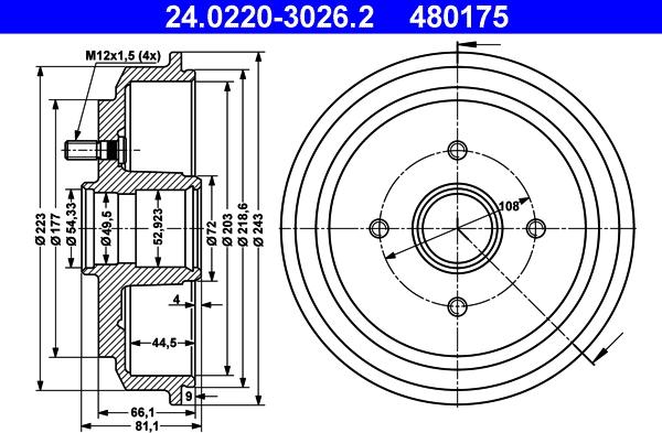 ATE 24.0220-3026.2 - Tambur frana parts5.com