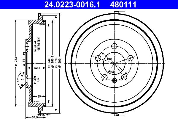 ATE 24.0223-0016.1 - Спирачен барабан parts5.com