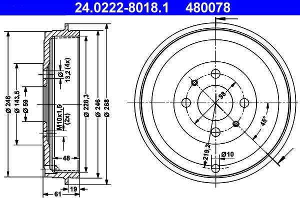 ATE 24.0222-8018.1 - Tambur frana parts5.com