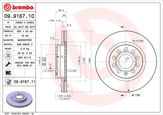 Brembo 09.9167.11 - Тормозной диск parts5.com