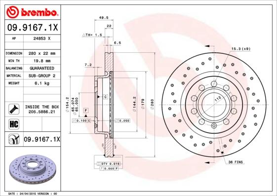 Brembo 09.9167.1X - Тормозной диск parts5.com