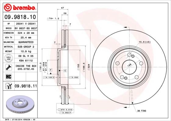 Brembo 09.9818.11 - Tarcza hamulcowa parts5.com