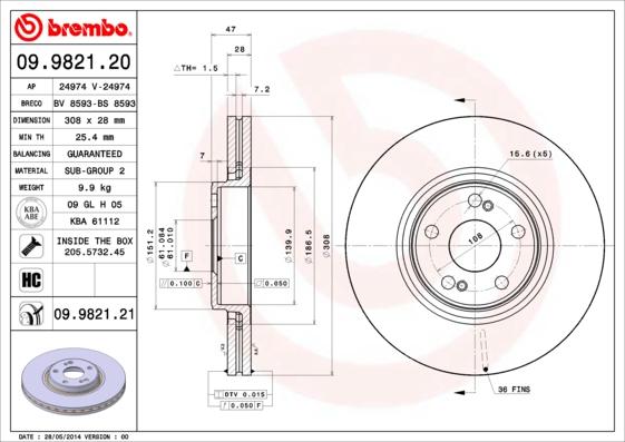 Brembo 09.9821.21 - Tarcza hamulcowa parts5.com