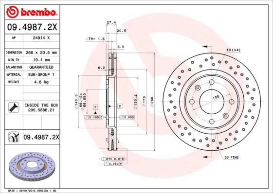 Brembo 09.4987.2X - Тормозной диск parts5.com