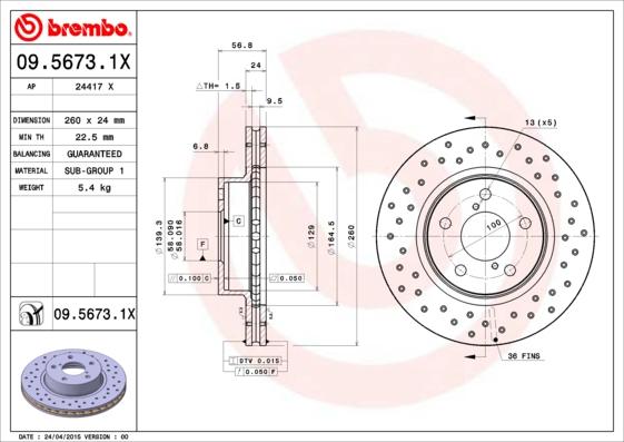 Brembo 09.5673.1X - Disc frana parts5.com