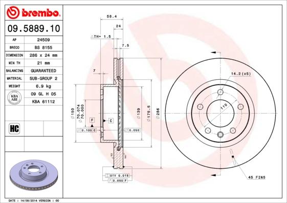 Brembo 09.5889.10 - Disque de frein parts5.com