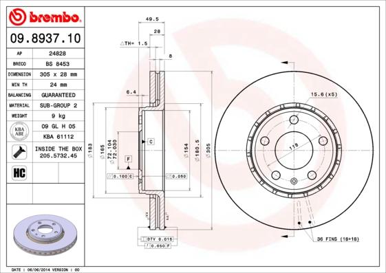 Brembo 09.8937.11 - Zavorni kolut parts5.com