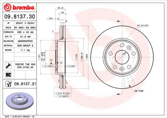 Brembo 09.8137.31 - Δισκόπλακα parts5.com