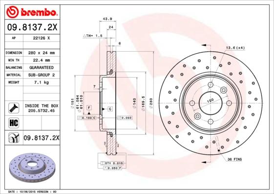 Brembo 09.8137.2X - Bremsscheibe parts5.com