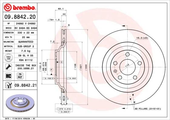 Brembo 09.8842.21 - Disc frana parts5.com