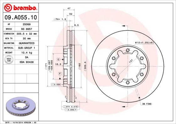 Brembo 09.A055.10 - Disc frana parts5.com