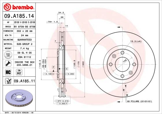 Brembo 09.A185.11 - Δισκόπλακα parts5.com