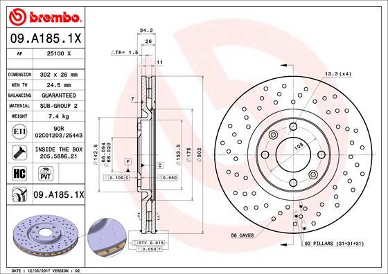 Brembo 09.A185.1X - Zavorni kolut parts5.com