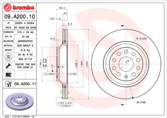 Brembo 09.A200.11 - Disc frana parts5.com