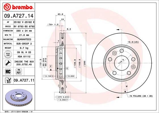 Brembo 09.A727.11 - Δισκόπλακα parts5.com