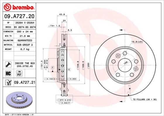 Brembo 09.A727.21 - Δισκόπλακα parts5.com