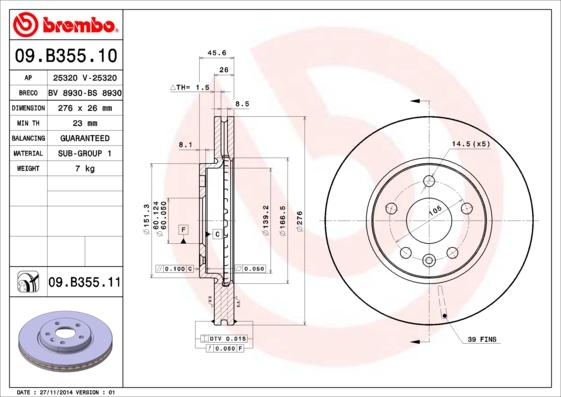 Brembo 09.B355.11 - Disc frana parts5.com