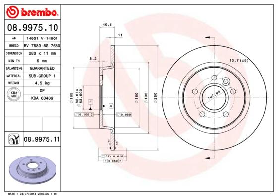 Brembo 08.9975.11 - Brzdový kotúč parts5.com