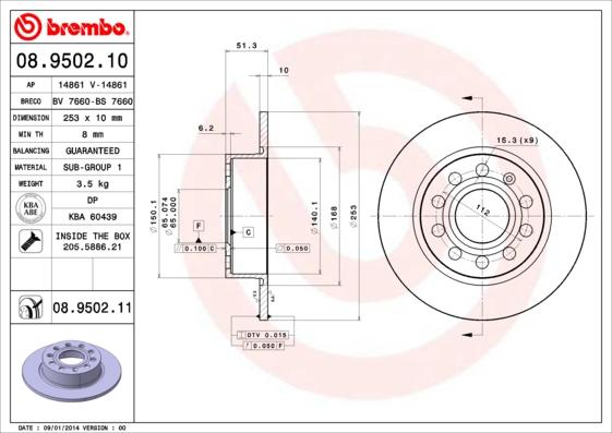 Brembo 08.9502.11 - Féktárcsa parts5.com