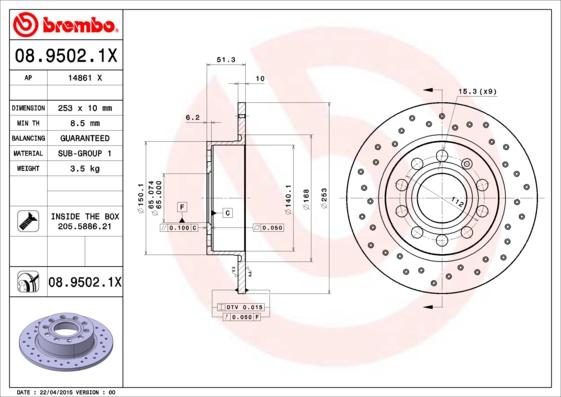 Brembo 08.9502.1X - Тормозной диск parts5.com