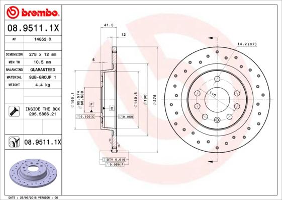 Brembo 08.9511.1X - Disc frana parts5.com