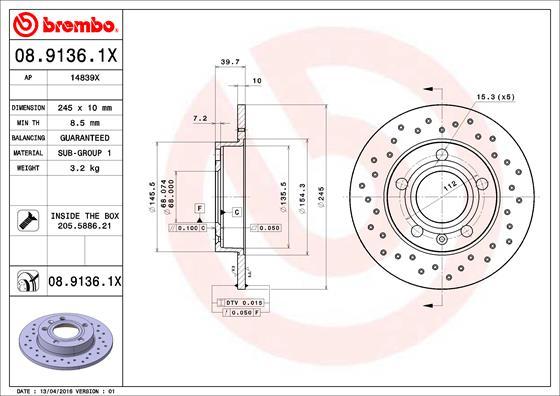 Brembo 08.9136.1X - Tarcza hamulcowa parts5.com