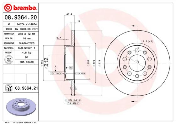 Brembo 08.9364.21 - Disco de freno parts5.com