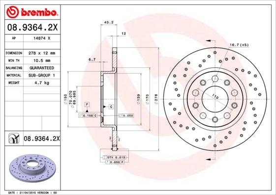 Brembo 08.9364.2X - Disco de freno parts5.com