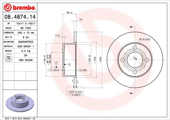 Brembo 08.4874.14 - Piduriketas parts5.com