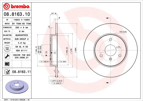 Brembo 08.8163.11 - Tarcza hamulcowa parts5.com