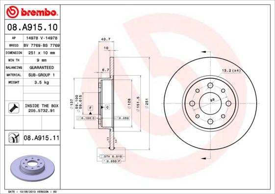 Brembo 08.A915.11 - Disc frana parts5.com