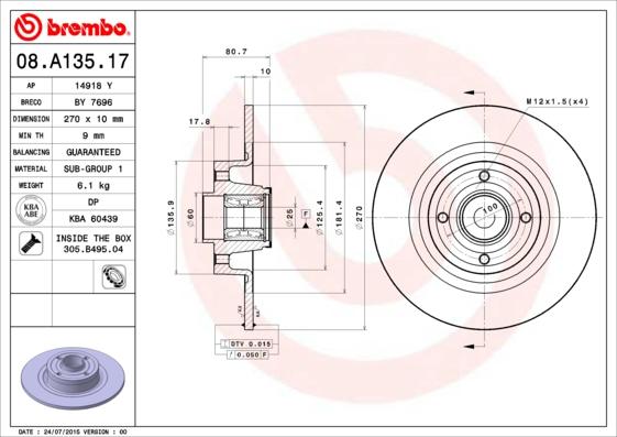 Brembo 08.A135.17 - Δισκόπλακα parts5.com